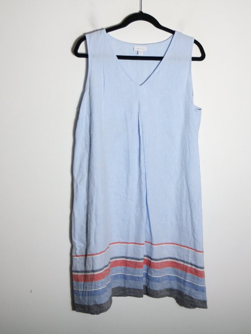 J Jill Love Linen V Neck Shift Dress Large Petite Striped Boho Lagenlook Casual